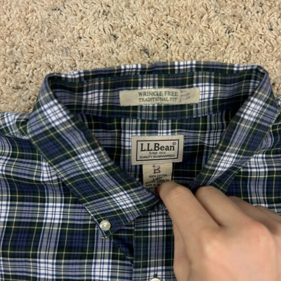 LL Bean Mens Wrinkle Free Blue Plaid long sleeve Button Up Shirt large 500539 - Picture 3 of 7